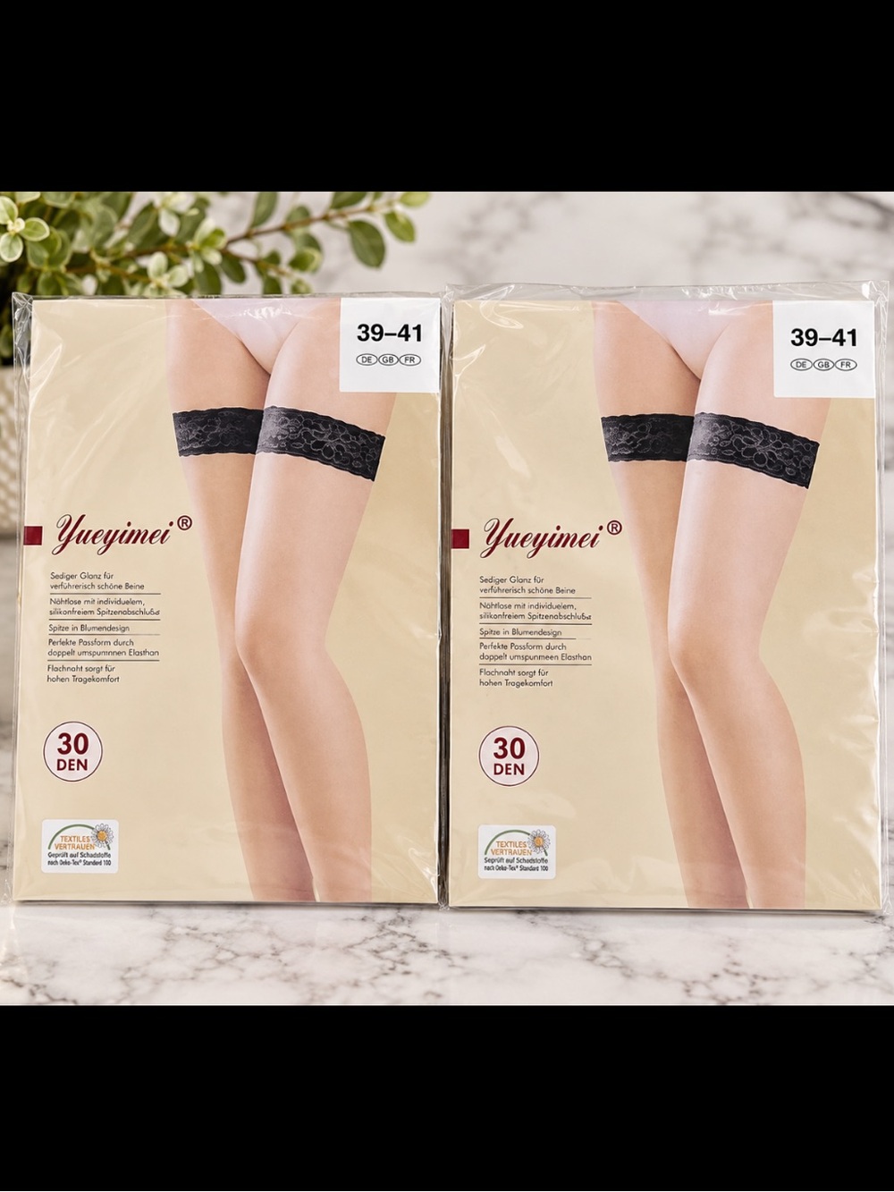 2 Pairs Yueyimei 30 Denier White Lace Top Thigh High Stockings